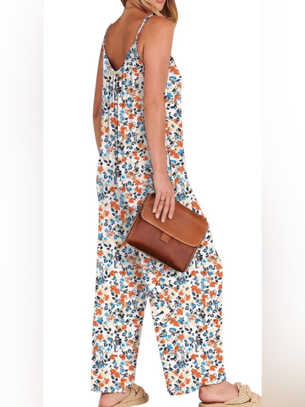 Floral Wide-Leg Jumpsuit in White with Blue & Orange Print